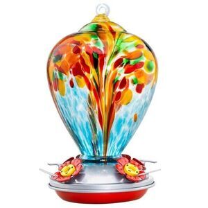 Hummingbird Feeder 34 oz Hand Blown Glass 4 Feeding Ports Ant Moat Leakproof